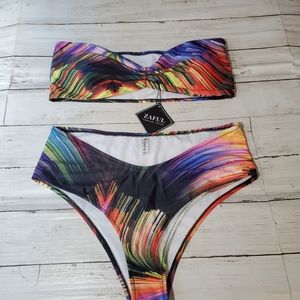 Nwt zaful bikini set high cut Hip multi colorful abstract print bandeau top Sz 8